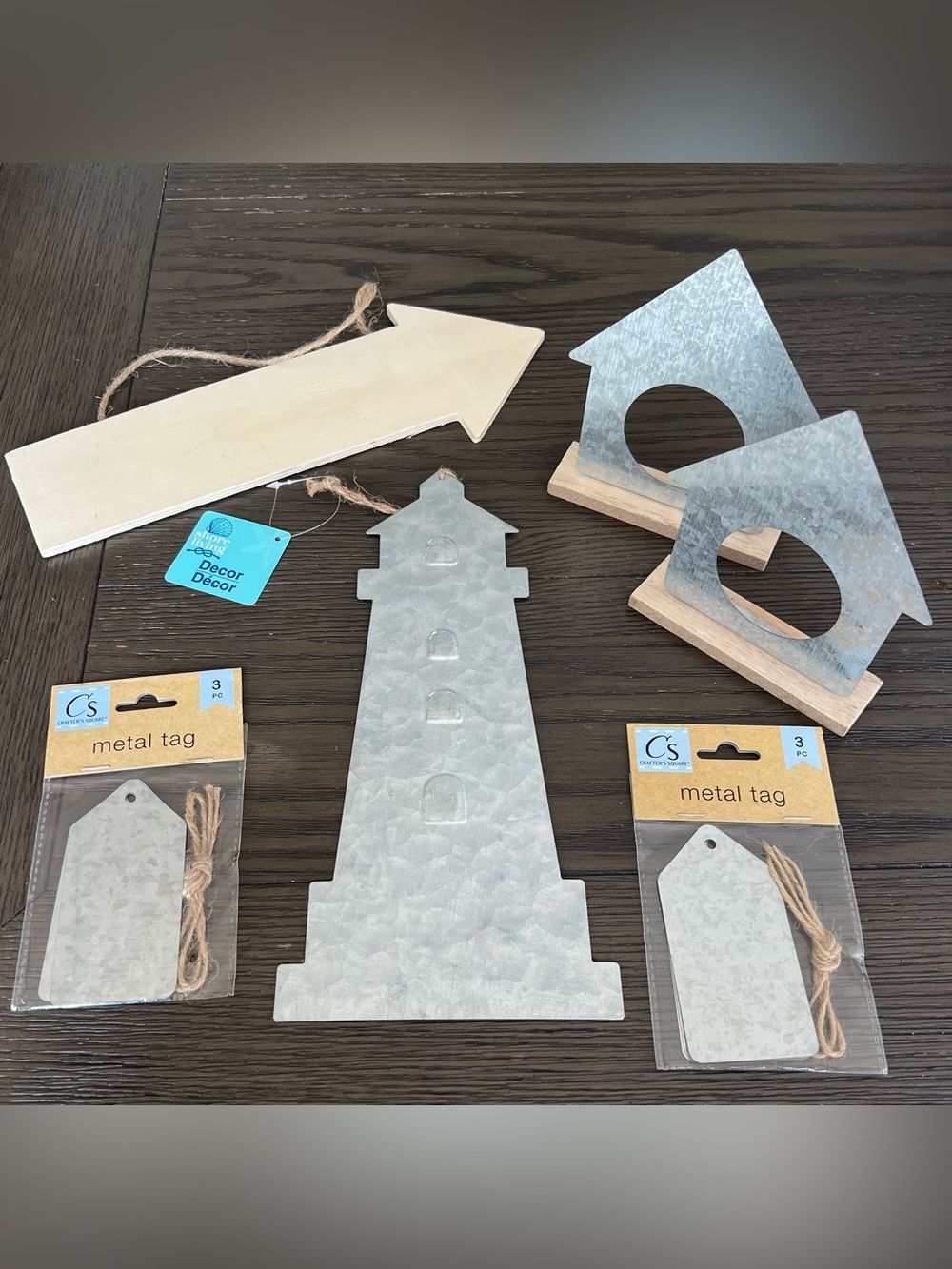 Coastal Farmhouse DIY Craft Lot Metal Lighthouse Birdhouses Tags Wood Arrow